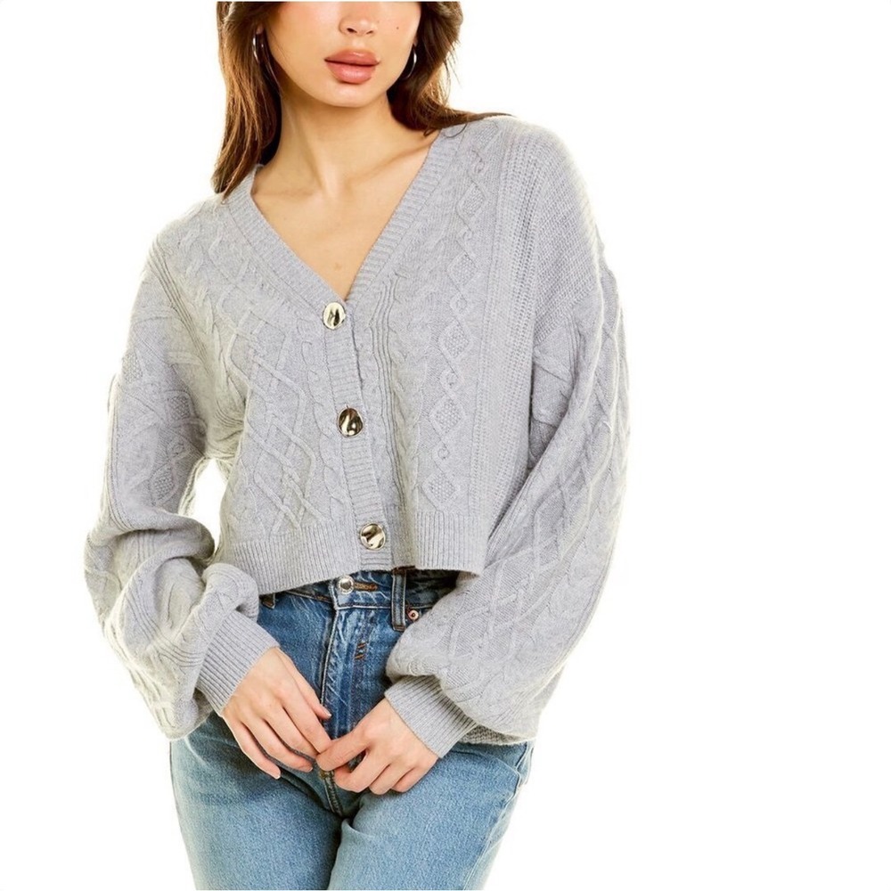 CAMI NYC Darcy Cardigan Small Gray Merino Wool Cable Knit Cropped Balloon Sleeve